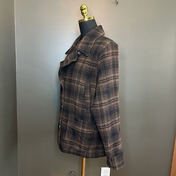 Woolrich‎ Brown Black Dark Bridle Plaid Coat Jacket M Medium Wool Blend - Picture 2 of 10